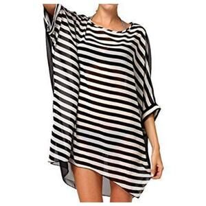 ⚫⚪Black White Striped Sheer Cover Up OSFM Beach Vacation